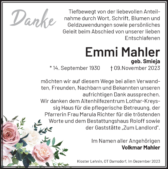 Traueranzeige von Emmi Mahler von Märkische Oderzeitung