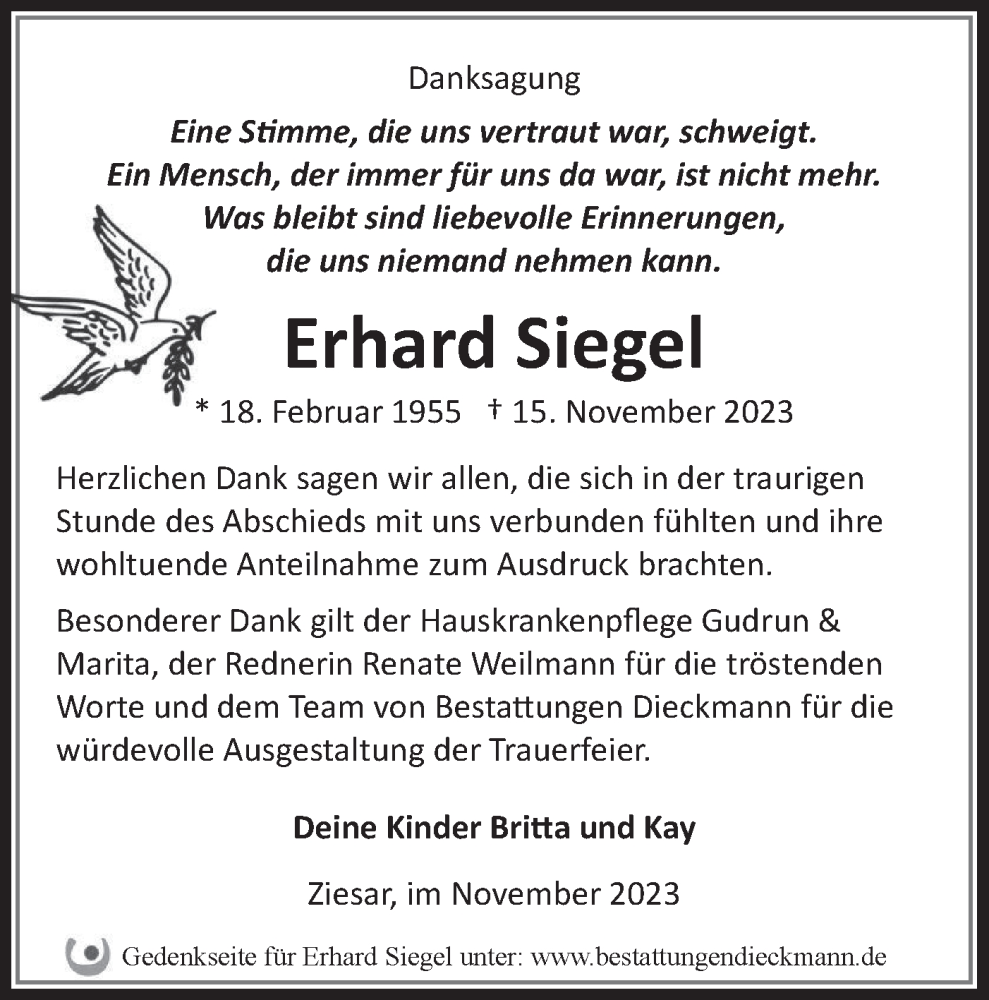  Traueranzeige für Erhard Siegel vom 02.12.2023 aus Märkische Oderzeitung