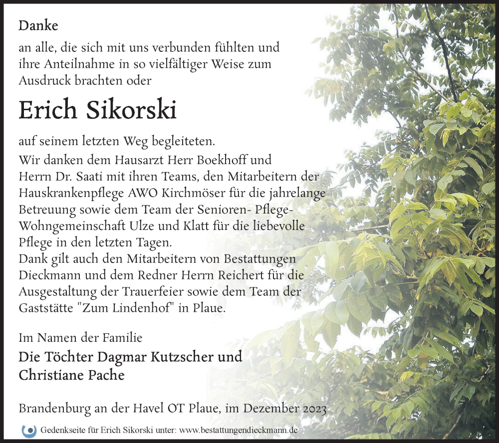  Traueranzeige für Erich Sikorski vom 23.12.2023 aus Märkische Oderzeitung