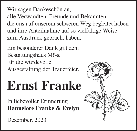 Traueranzeige von Ernst Franke von Märkische Oderzeitung