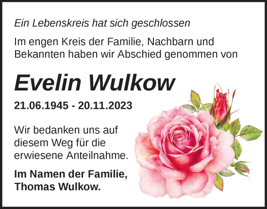 Traueranzeige von Evelin Wulkow von Märkische Oderzeitung