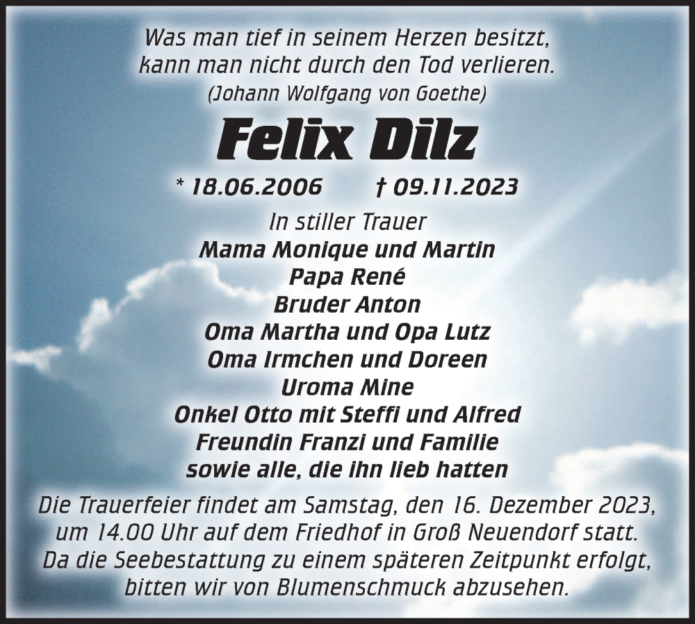  Traueranzeige für Felix Dilz vom 02.12.2023 aus Märkische Oderzeitung