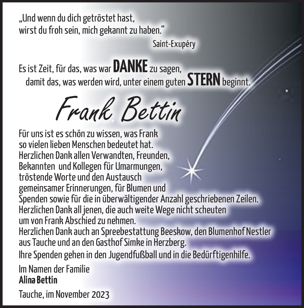  Traueranzeige für Frank Bettin vom 16.12.2023 aus Märkische Oderzeitung