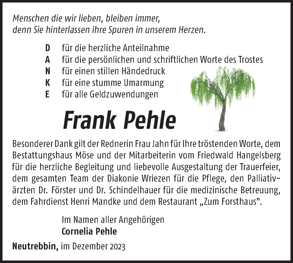  Traueranzeige für Frank Pehle vom 16.12.2023 aus Märkische Oderzeitung