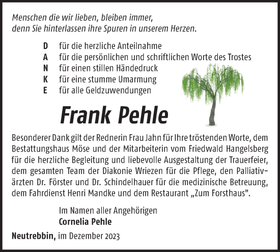 Traueranzeige von Frank Pehle von Märkische Oderzeitung