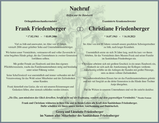 Traueranzeige von Frank und Christiane Friedenberger von Märkische Oderzeitung