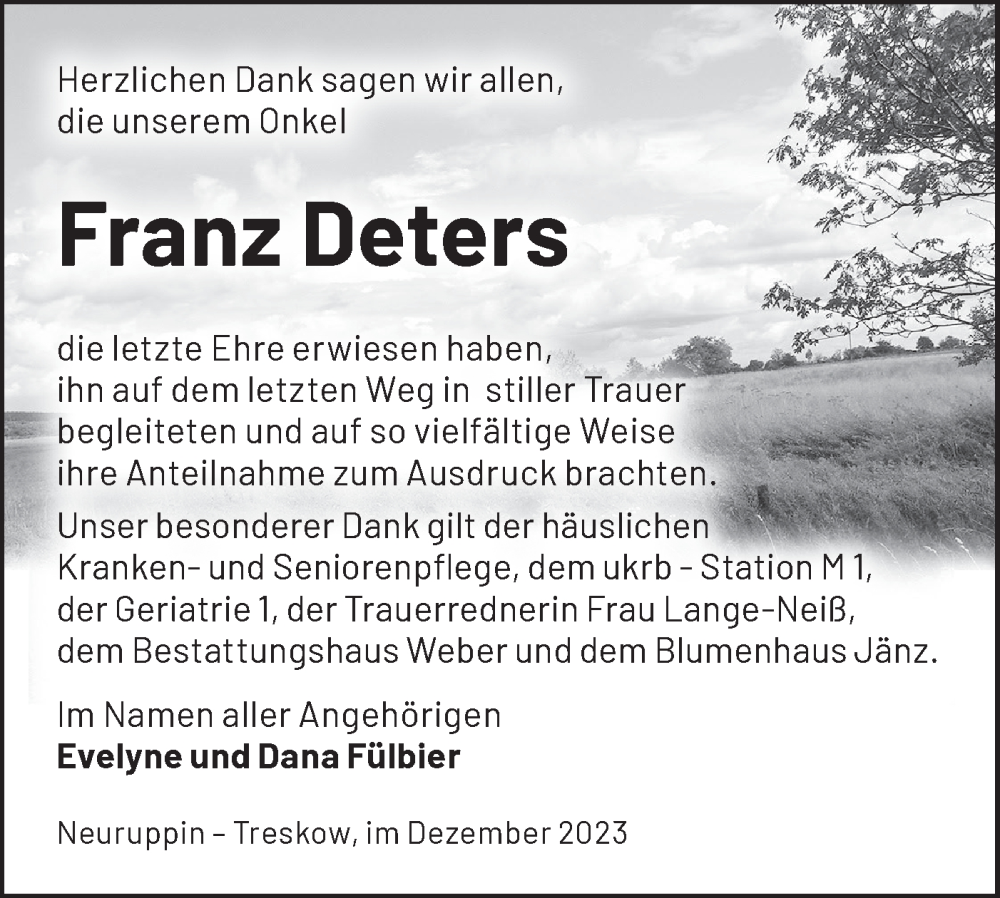 Traueranzeige für Franz Deters vom 16.12.2023 aus Märkische Oderzeitung