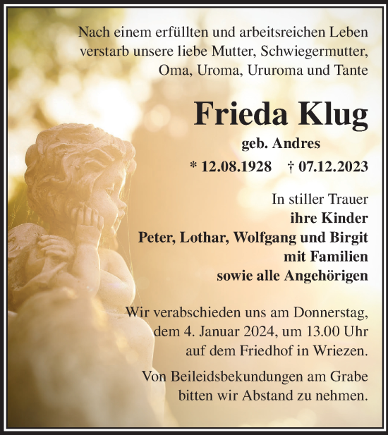 Traueranzeige von Frieda Klug von Märkische Oderzeitung