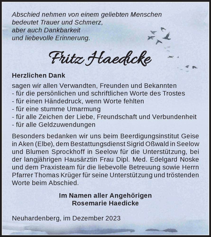  Traueranzeige für Fritz Haedicke vom 09.12.2023 aus Märkische Oderzeitung