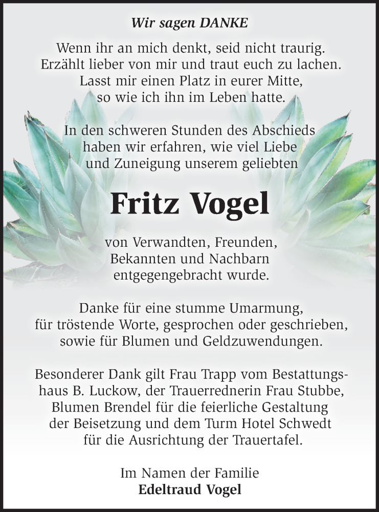  Traueranzeige für Fritz Vogel vom 23.12.2023 aus Märkische Oderzeitung