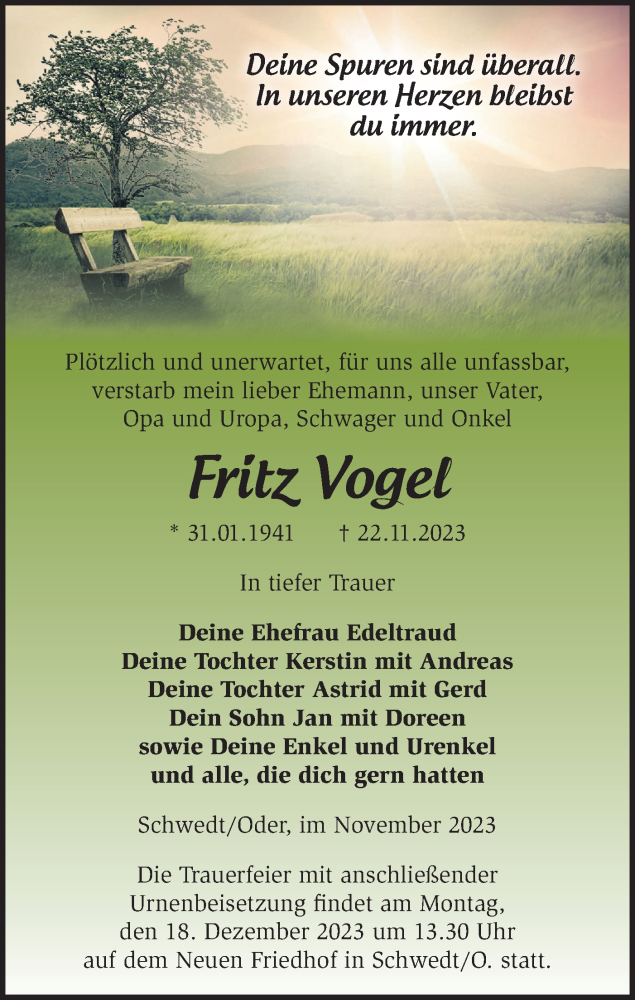  Traueranzeige für Fritz Vogel vom 02.12.2023 aus Märkische Oderzeitung