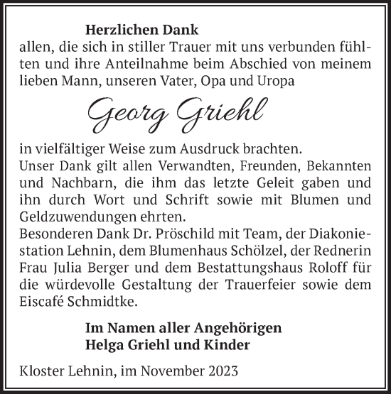 Traueranzeige von Georg Griehl von Märkische Oderzeitung