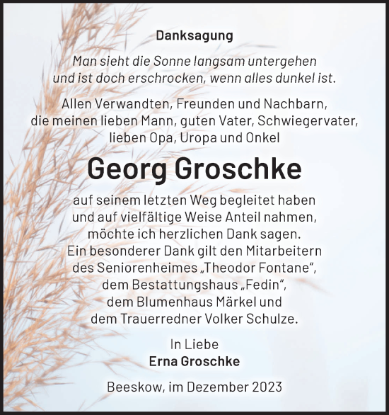 Traueranzeige von Georg Groschke von Märkische Oderzeitung