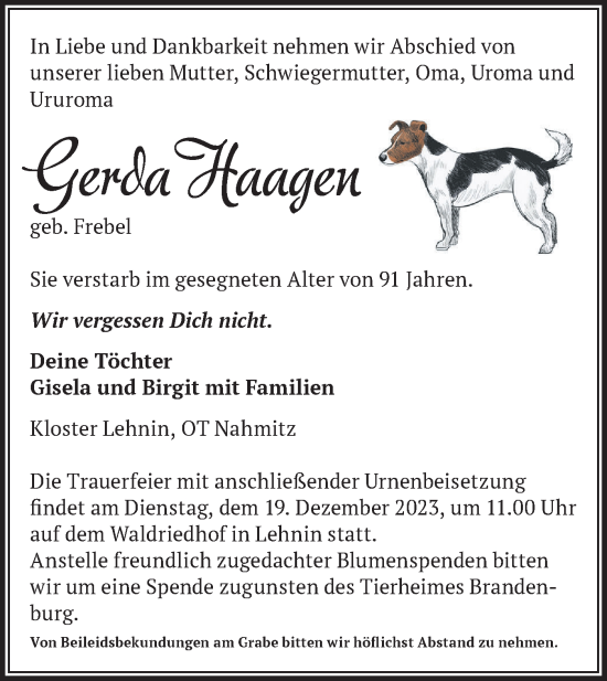 Traueranzeige von Gerda Haagen von Märkische Oderzeitung