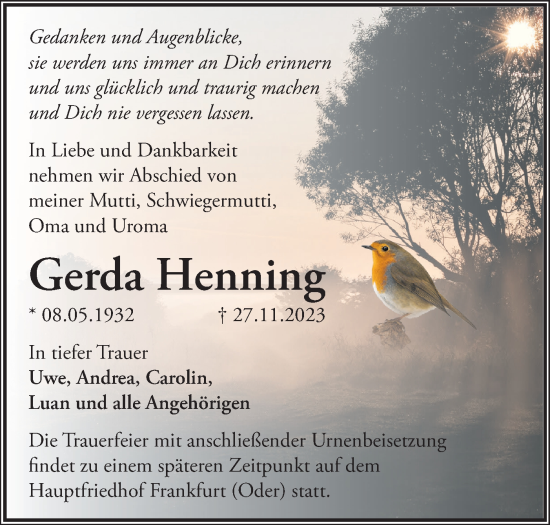 Traueranzeige von Gerda Henning von Märkische Oderzeitung