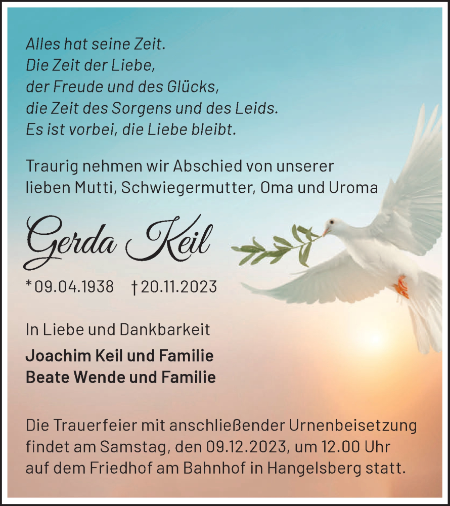  Traueranzeige für Gerda Keil vom 01.12.2023 aus Märkische Oderzeitung