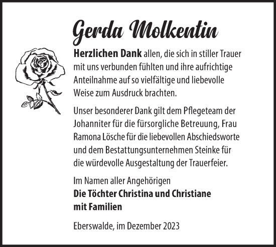 Traueranzeige von Gerda Molkentin von Märkische Oderzeitung