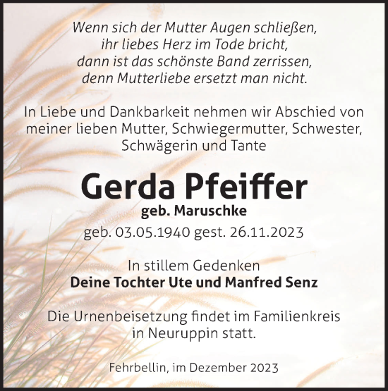 Traueranzeige von Gerda Pfeiffer von Märkische Oderzeitung