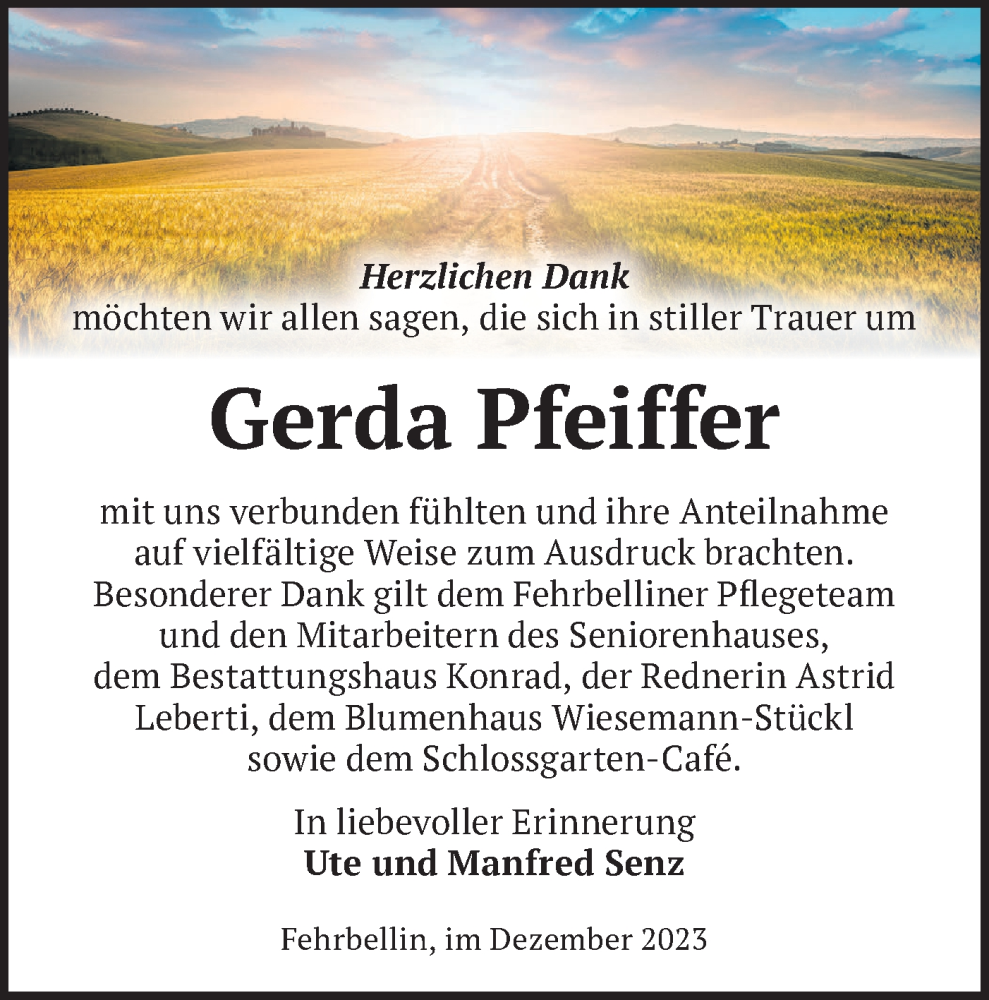  Traueranzeige für Gerda Pfeiffer vom 23.12.2023 aus Märkische Oderzeitung