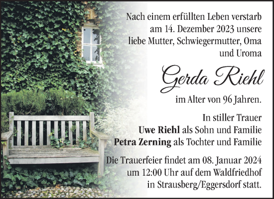 Traueranzeige von Gerda Riehl von Märkische Oderzeitung