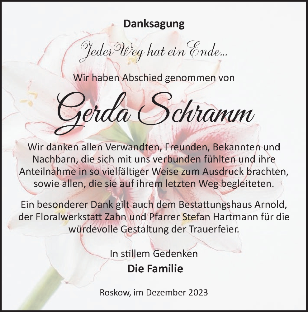  Traueranzeige für Gerda Schramm vom 23.12.2023 aus Märkische Oderzeitung