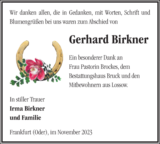 Traueranzeige von Gerhard Birkner von Märkische Oderzeitung