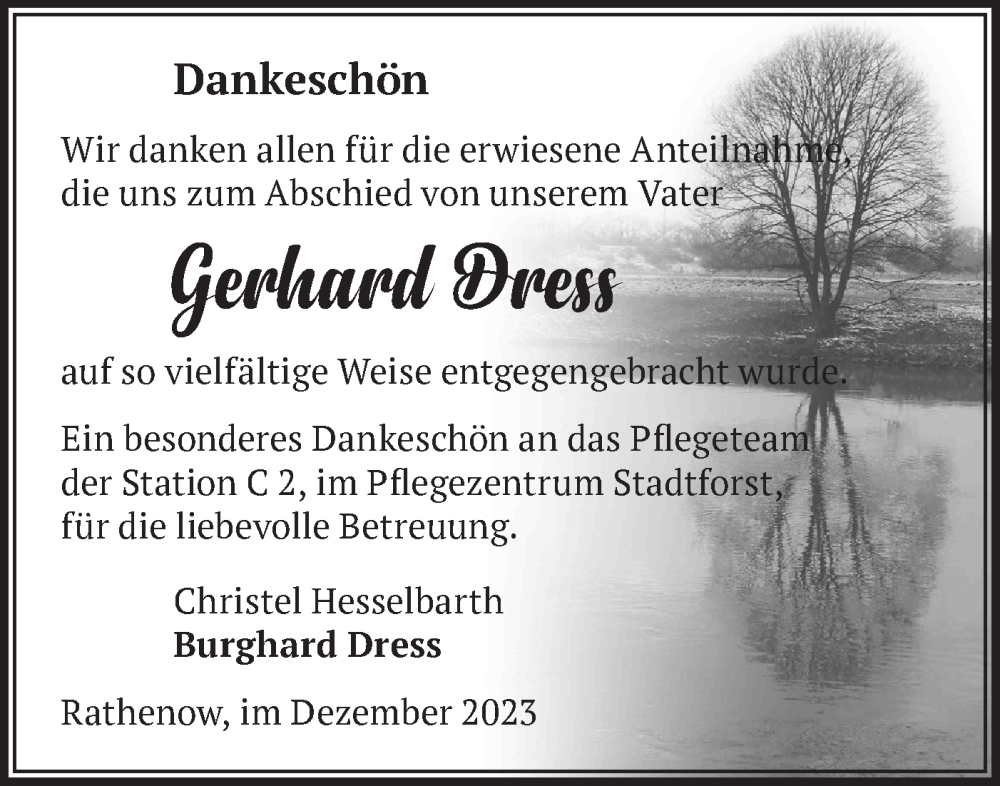  Traueranzeige für Gerhard Dress vom 16.12.2023 aus Märkische Oderzeitung