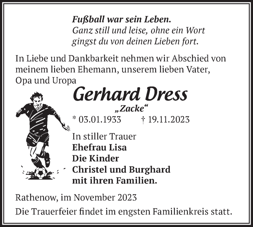  Traueranzeige für Gerhard Dress vom 02.12.2023 aus Märkische Oderzeitung
