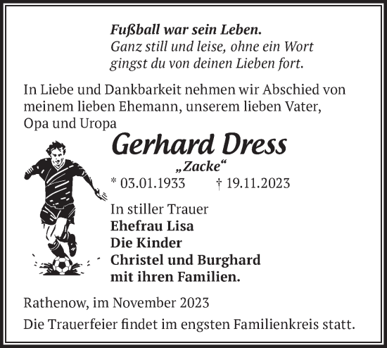 Traueranzeige von Gerhard Dress von Märkische Oderzeitung
