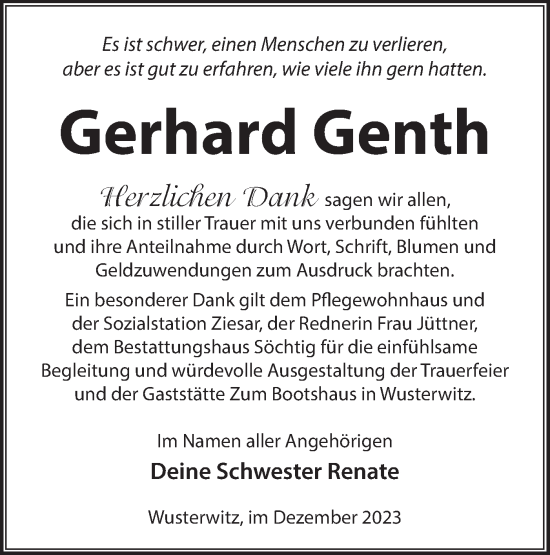 Traueranzeige von Gerhard Genth von Märkische Oderzeitung