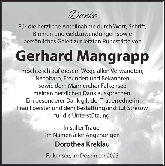 Traueranzeige von Gerhard Mangrapp von Märkische Oderzeitung