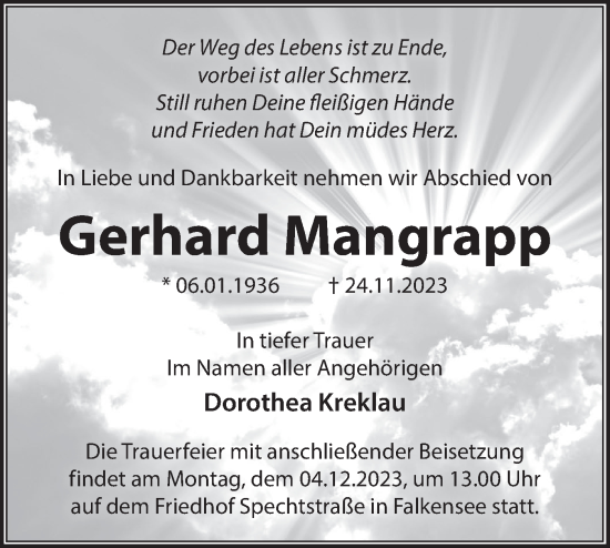 Traueranzeige von Gerhard Mangrapp von Märkische Oderzeitung