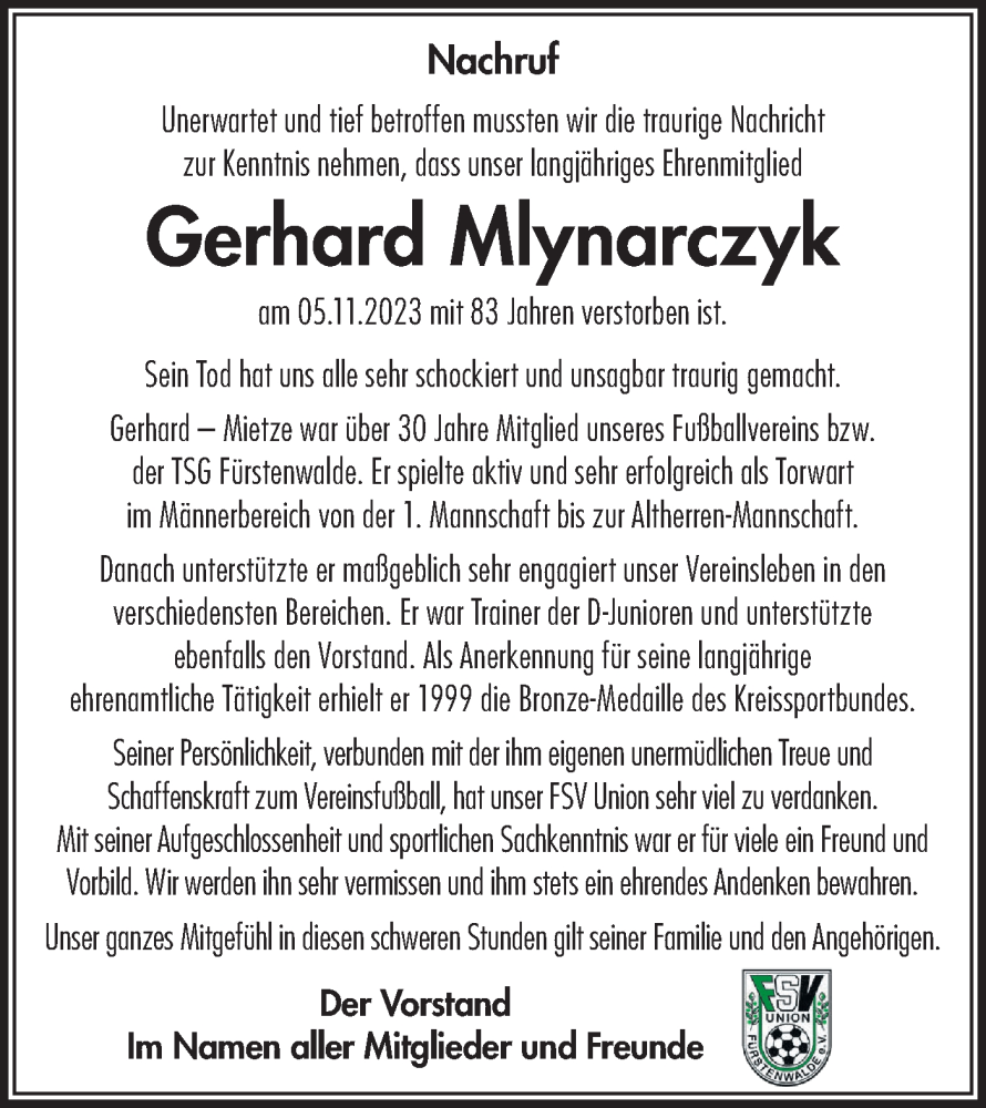  Traueranzeige für Gerhard Mlynarczyk vom 09.12.2023 aus Märkische Oderzeitung