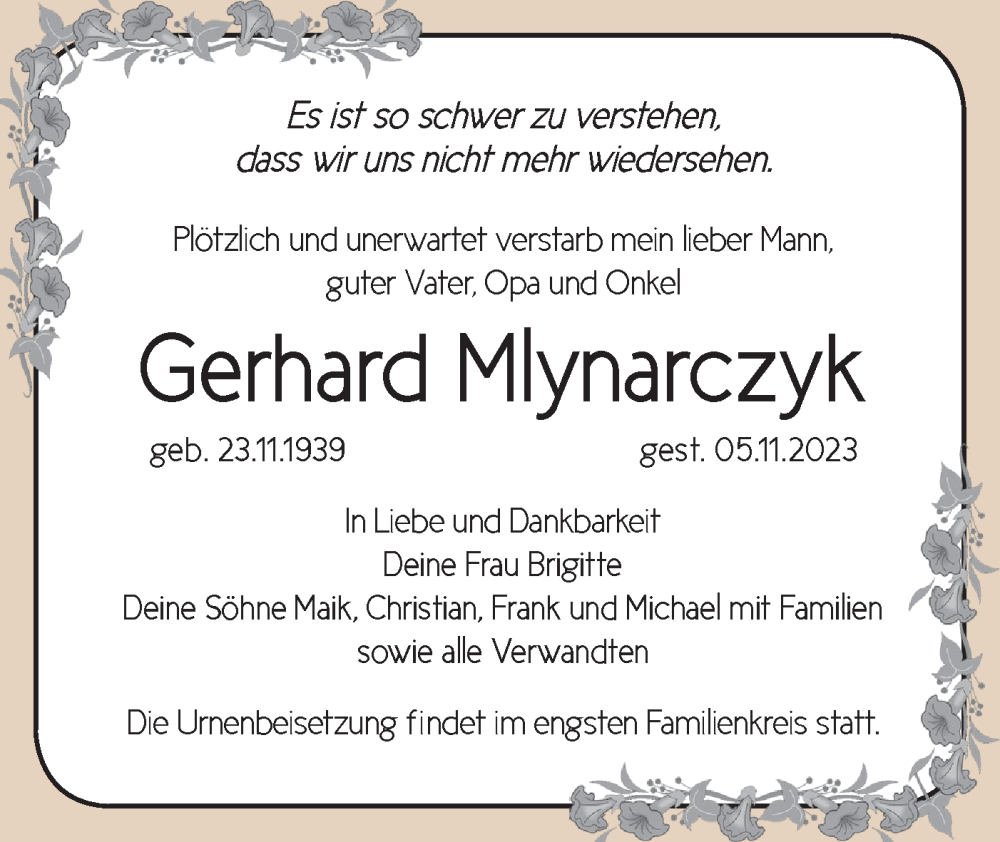  Traueranzeige für Gerhard Mlynarczyk vom 02.12.2023 aus Märkische Oderzeitung