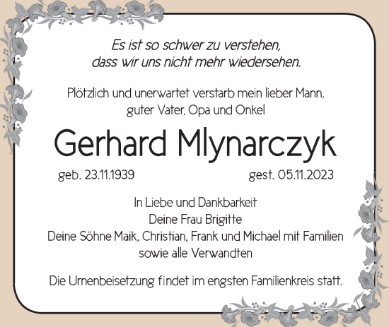 Traueranzeige von Gerhard Mlynarczyk von Märkische Oderzeitung