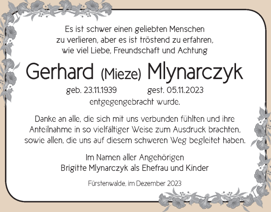 Traueranzeige von Gerhard Mlynarczyk von Märkische Oderzeitung