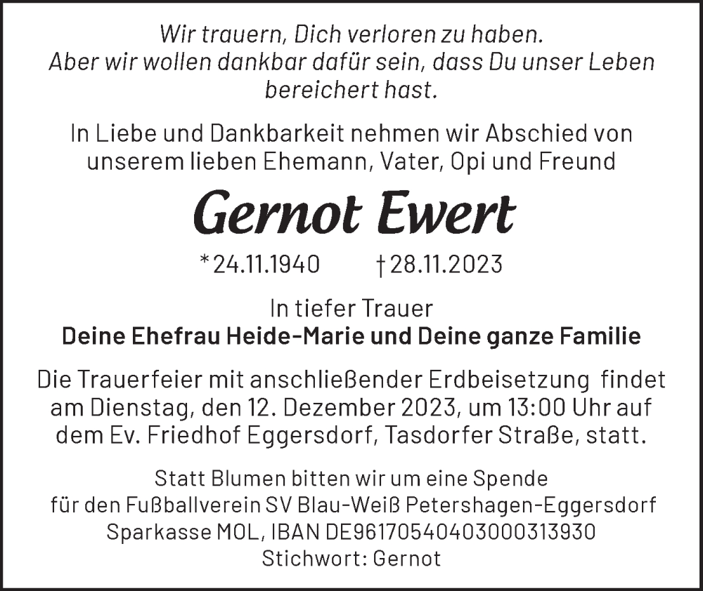  Traueranzeige für Gernot Ewert vom 02.12.2023 aus Märkische Oderzeitung