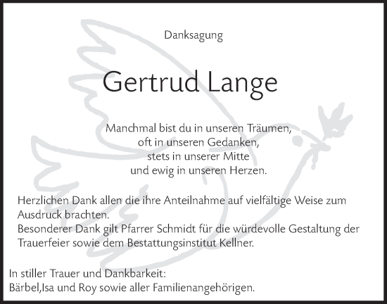 Traueranzeige von Gertrud Lange von Märkische Oderzeitung
