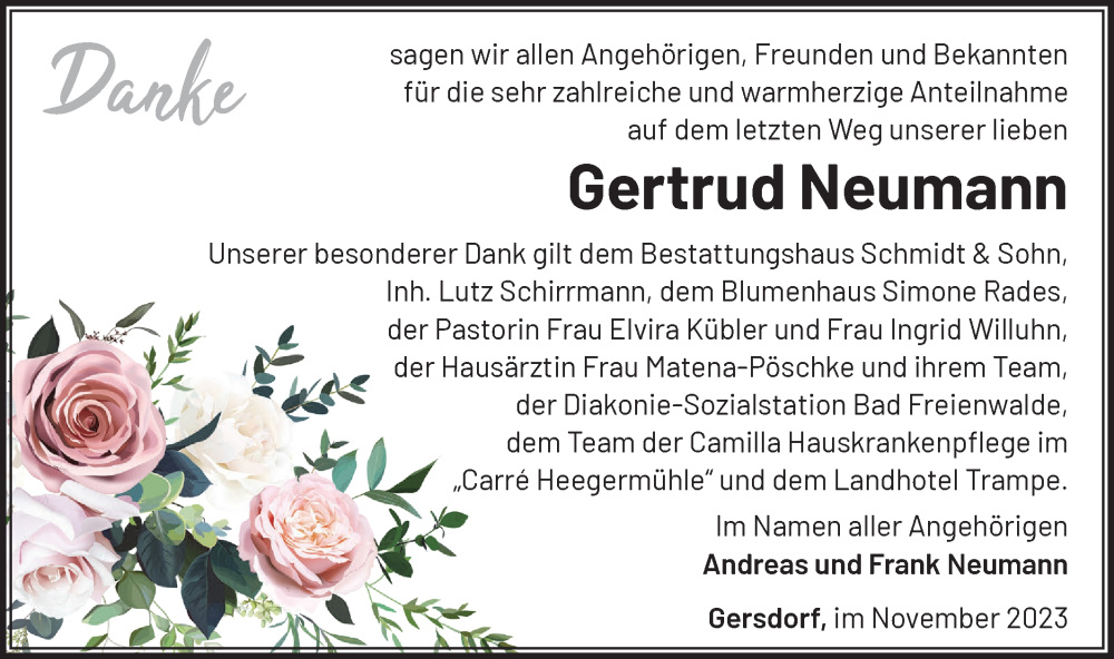  Traueranzeige für Gertrud Neumann vom 09.12.2023 aus Märkische Oderzeitung