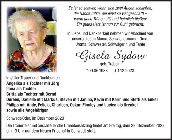 Traueranzeige von Giesela Sydow von Märkische Oderzeitung