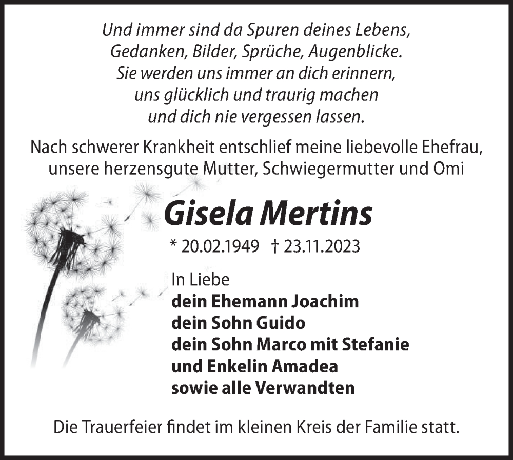 Traueranzeige für Gisela Mertins vom 02.12.2023 aus Märkische Oderzeitung