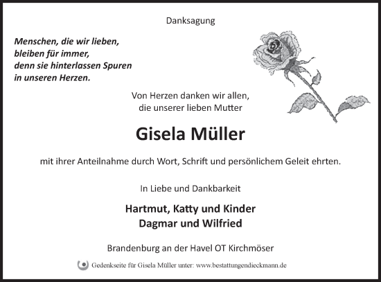 Traueranzeige von Gisela Müller von Märkische Oderzeitung