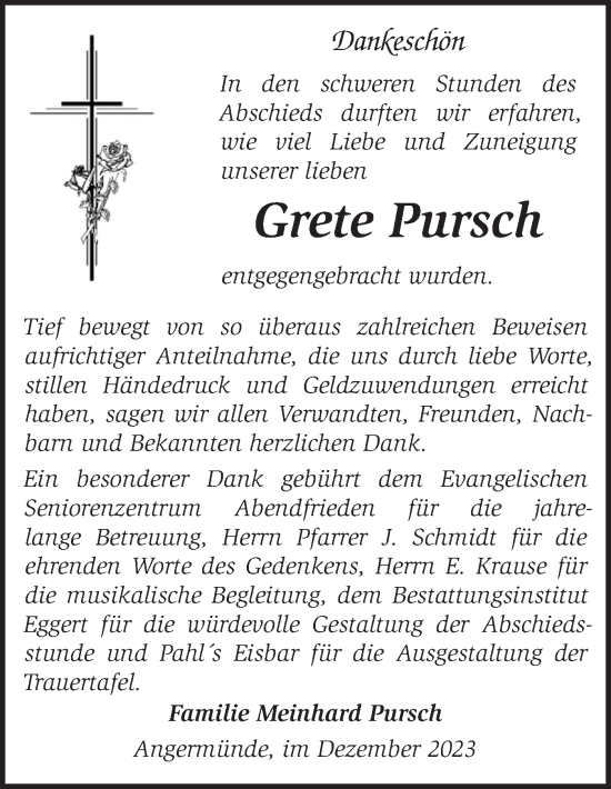 Traueranzeige von Grete Pursch von Märkische Oderzeitung