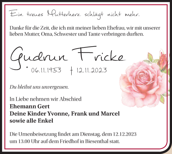 Traueranzeige von Gudrun Fricke von Märkische Oderzeitung