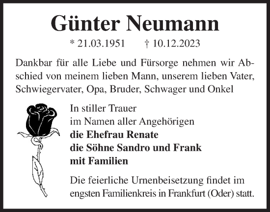 Traueranzeige von Günter Neumann von Märkische Oderzeitung