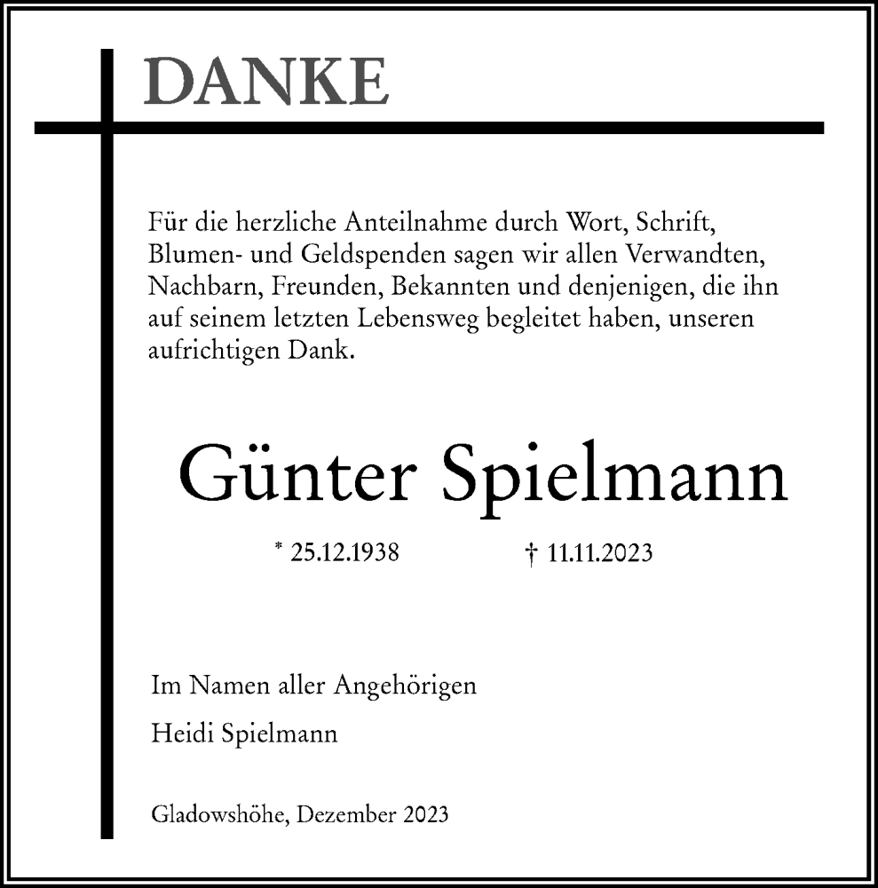  Traueranzeige für Günter Spielmann vom 09.12.2023 aus Märkische Oderzeitung