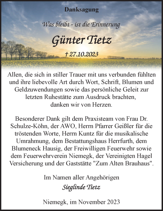 Traueranzeige von Günter Tietz von Märkische Oderzeitung