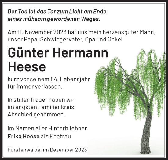 Traueranzeige von Günter Hermann Heese von Märkische Oderzeitung