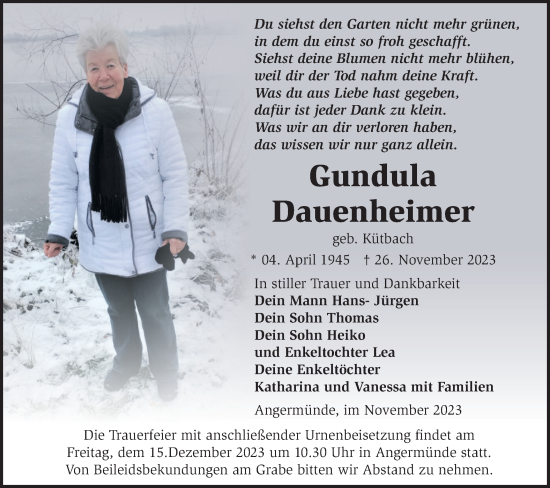 Traueranzeige von Gundula Dauenheimer von Märkische Oderzeitung