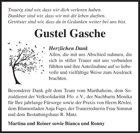 Traueranzeige von Gustel Gasche von Märkische Oderzeitung